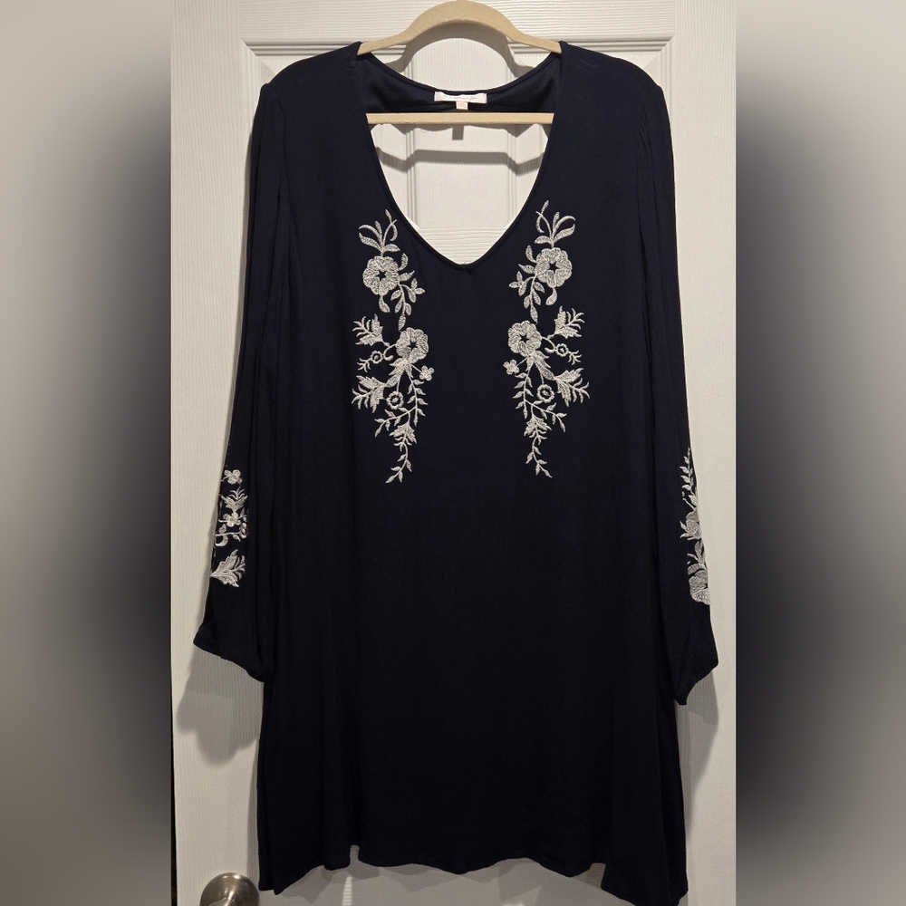 Navy Dress with White Floral Embroidery